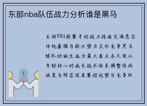 东部nba队伍战力分析谁是黑马